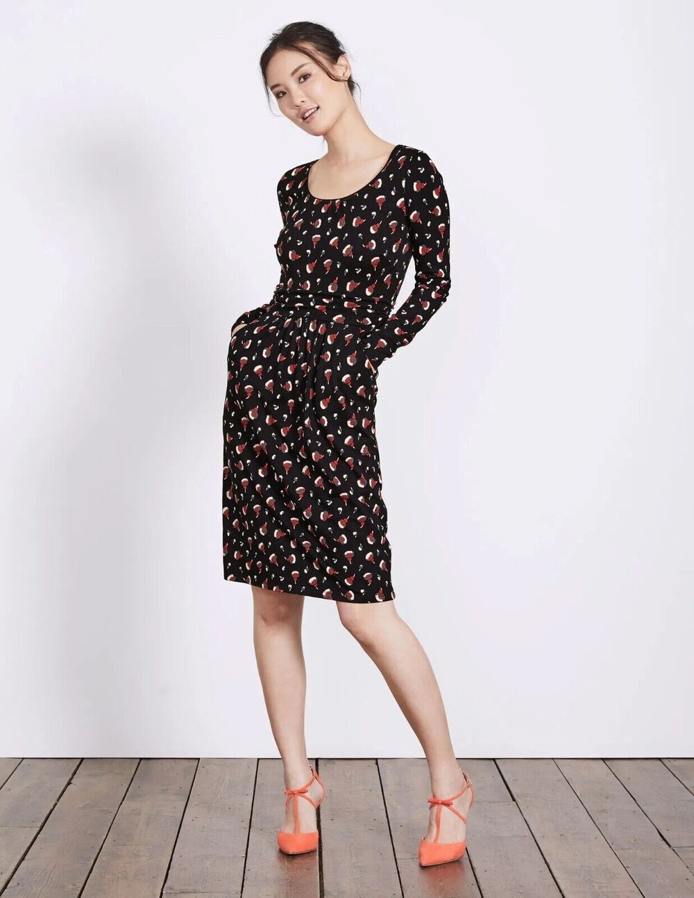 Boden Mabel Jersey Dress US 2 Black Red Floral Cotton Blend Stretch Pockets